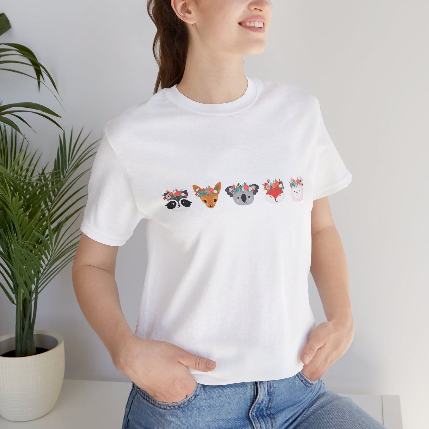 Cute Animal Faces Short Sleeve Tee - Fun & Whimsical Design for Animal Lovers