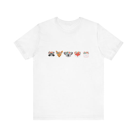 Cute Animal Faces Short Sleeve Tee - Fun & Whimsical Design for Animal Lovers