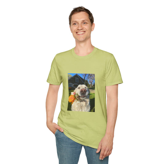 Cheerful Dog Lover's T-Shirt - Unisex Softstyle Tee with Floral Design